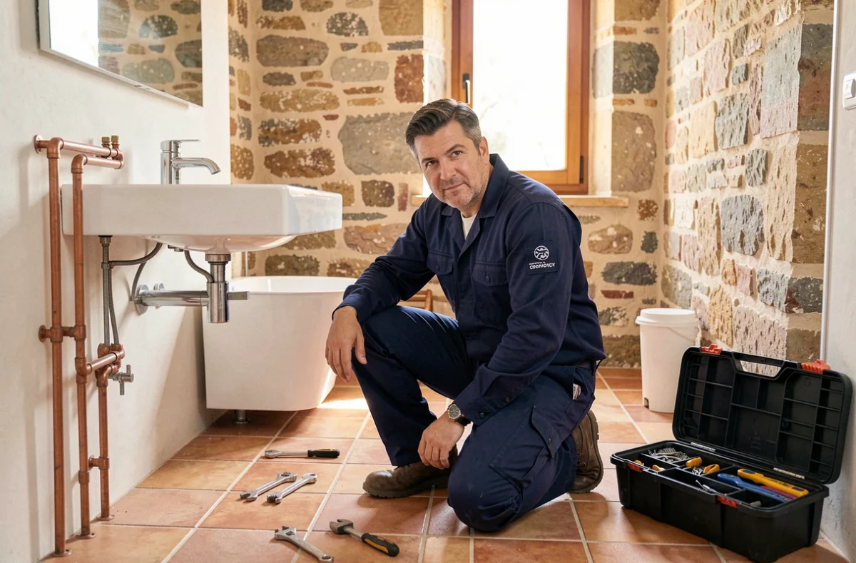 Plombier professionnel travaillant dans une salle de bain de style provençal à Aix-en-Provence
