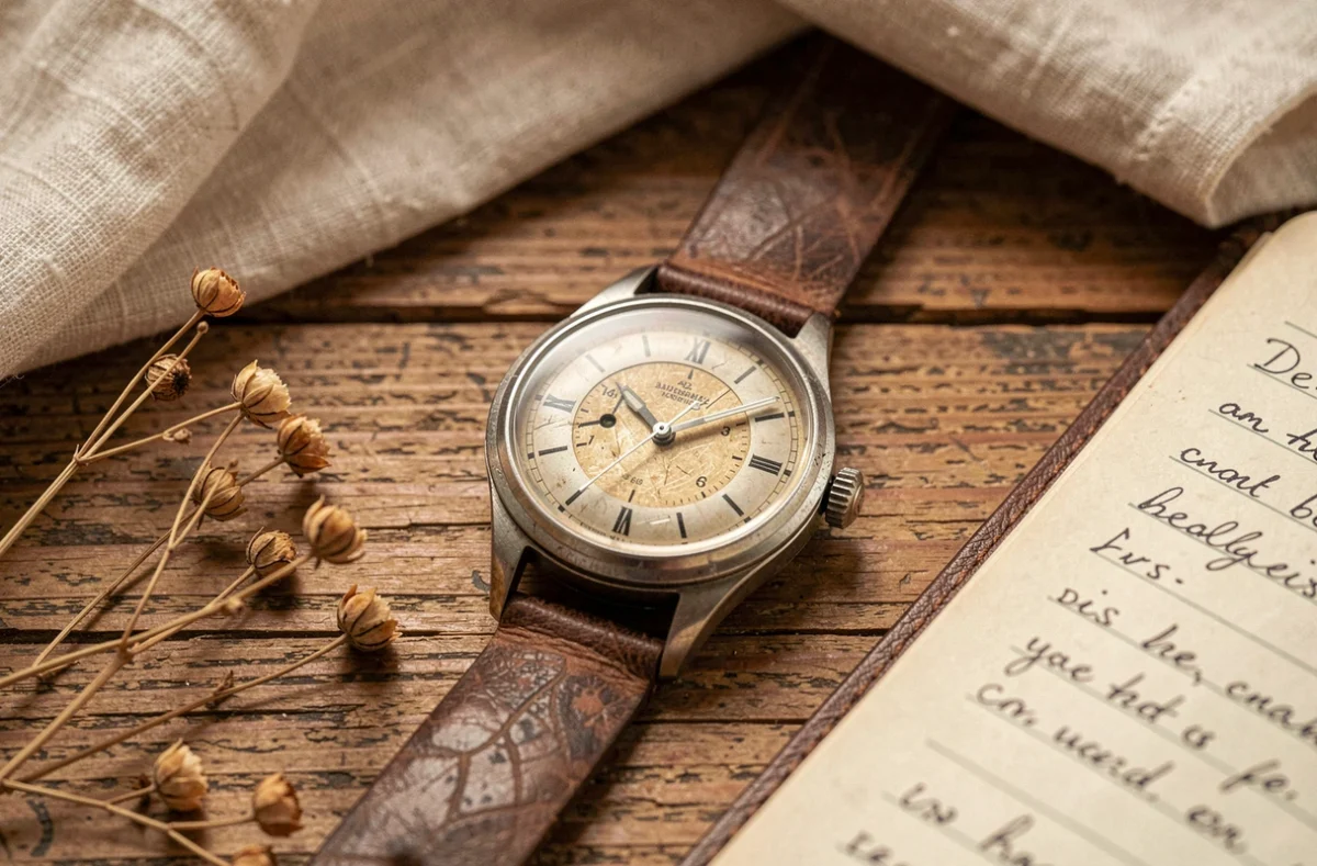 Montre mécanique vintage posée sur une table en bois affichant 14h41 entourée d'un journal et de plantes séchées, évoquant la symbolique de l'heure miroir