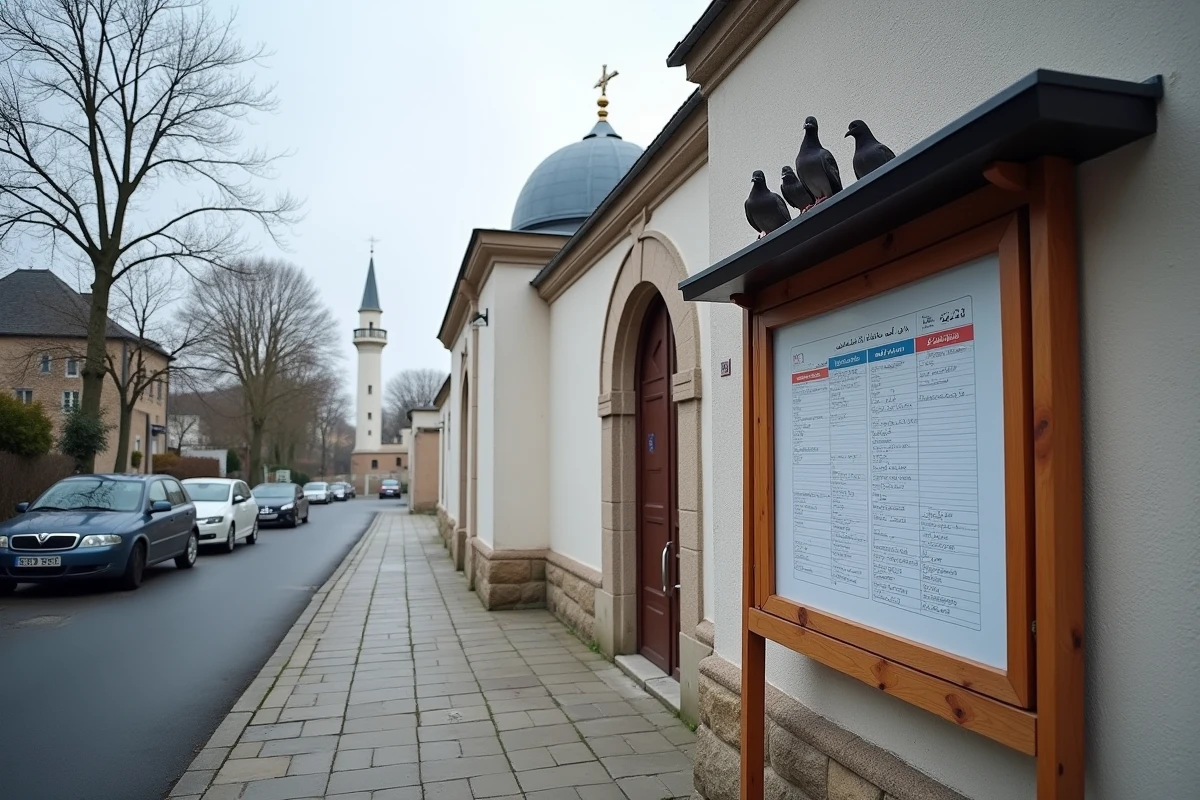 Tableau des horaires de prière affiché à l'entrée d'une mosquée de Mantes-la-Jolie en 2026