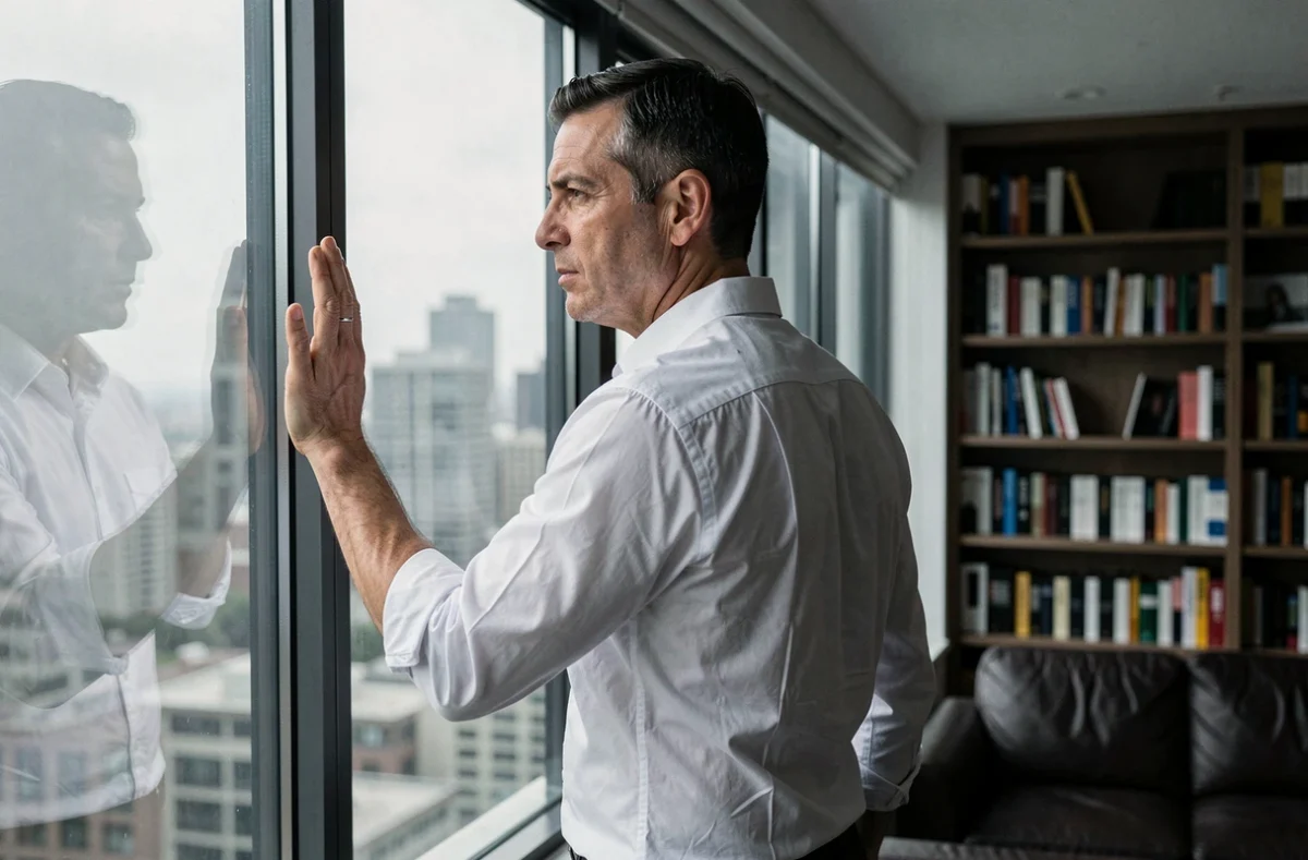 Homme de dos regardant par la fenêtre, incarnant le retrait émotionnel et le silence calculé d'un narcissique