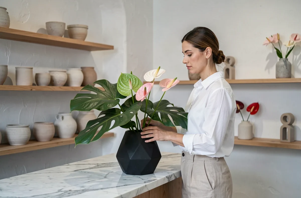 Fleuriste de Nature de Fleur disposant des anthuriums tropicaux dans un vase géométrique sur un comptoir en marbre épuré