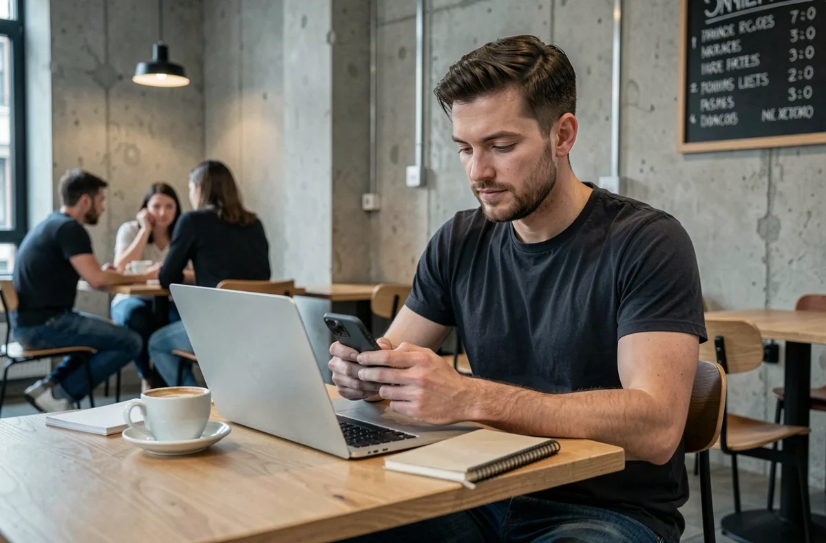 Homme utilisant un smartphone et un ordinateur portable dans un café urbain moderne pour naviguer sur internet