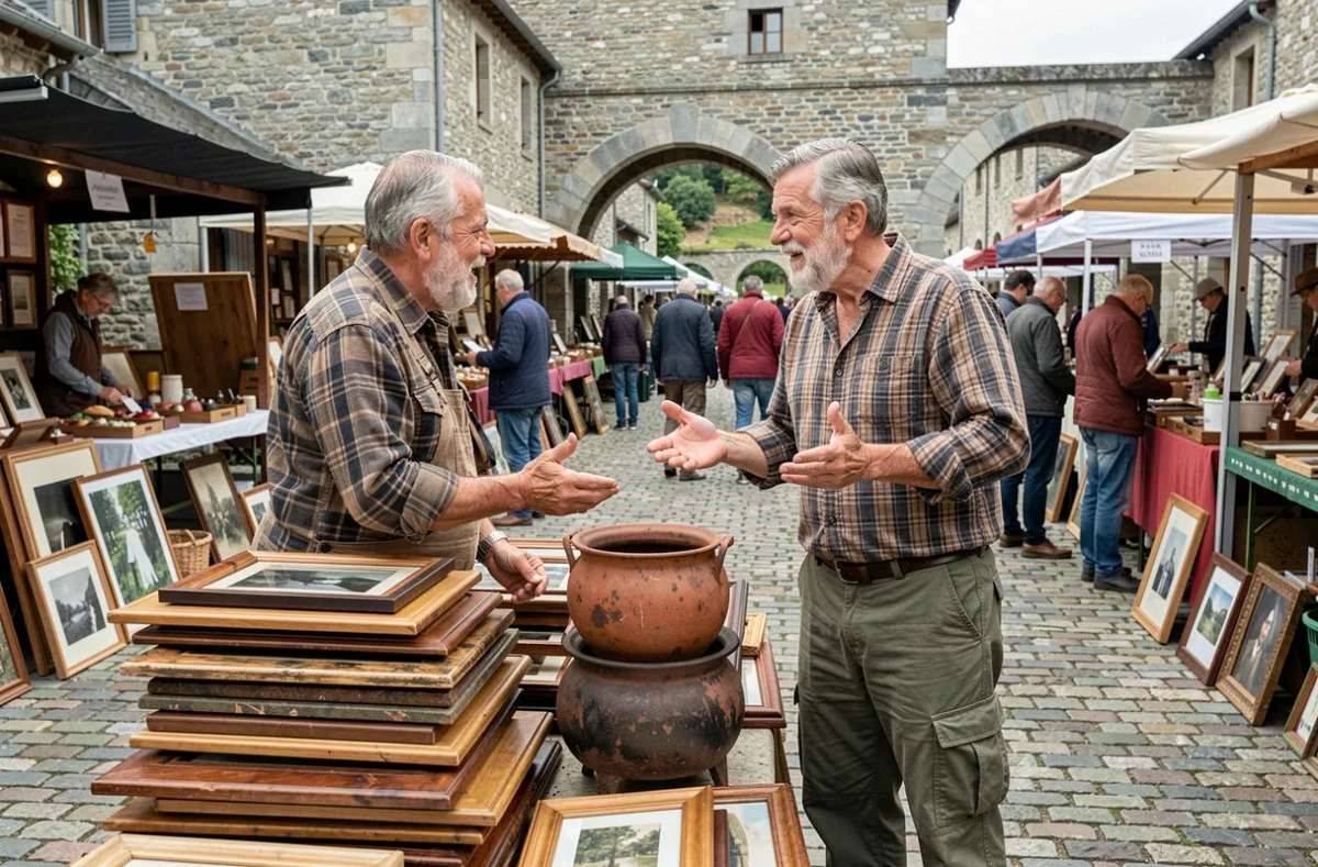Homme négociant le prix d'objets anciens avec un vendeur lors d'un vide-grenier en Cantal