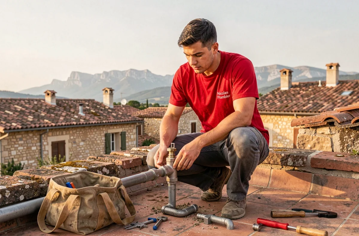 Nicolas Plombier installant une connexion de tuyauterie extérieure sur une terrasse provençale