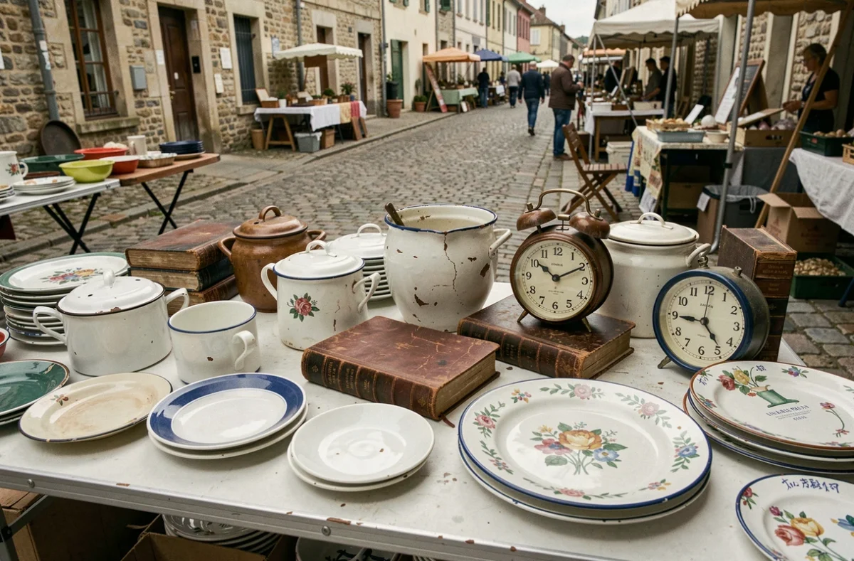 Table de vide grenier avec vaisselle vintage, livres anciens et objets rétro dans le Maine-et-Loire