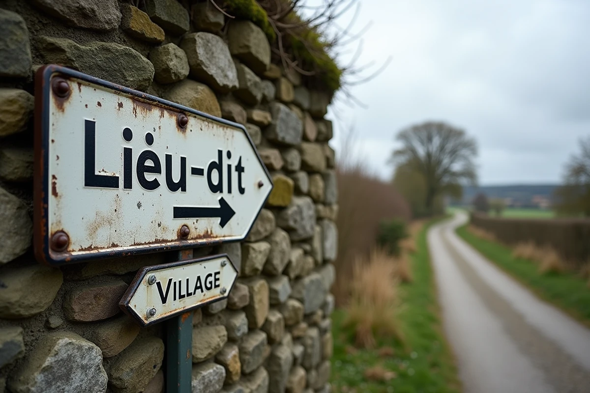 Panneau de lieu-dit traditionnel français sur un mur en pierre en milieu rural, représentant un nom de hameau utilisé dans les adresses administratives