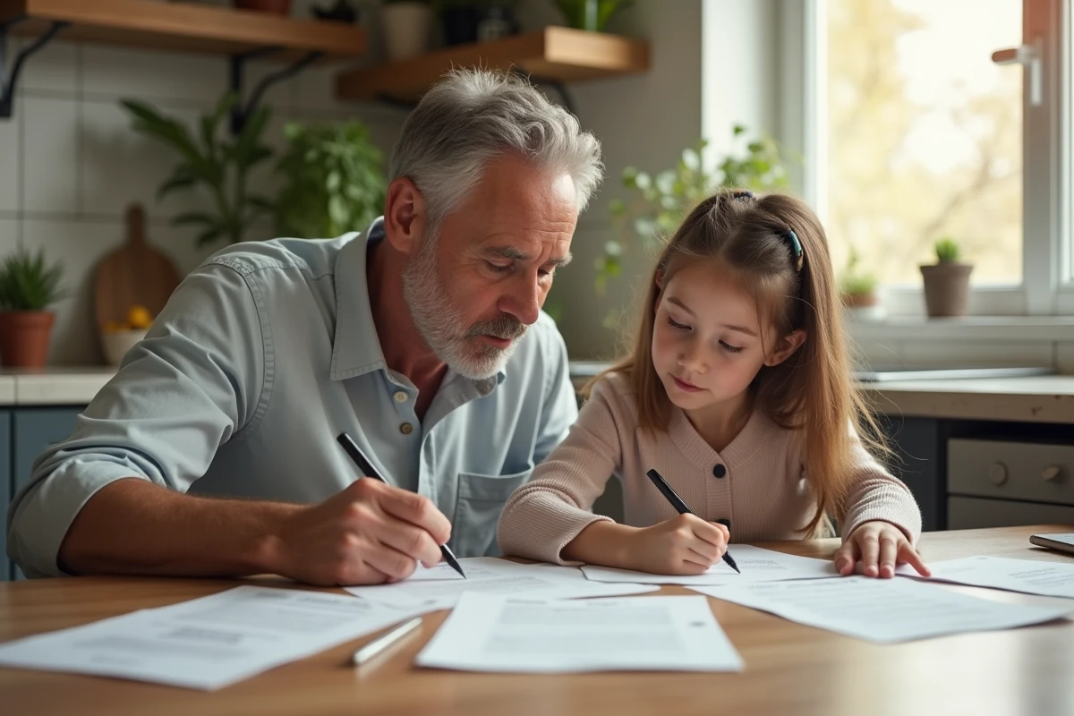 Père et fille remplissant des papiers dans une cuisine lumineuse
