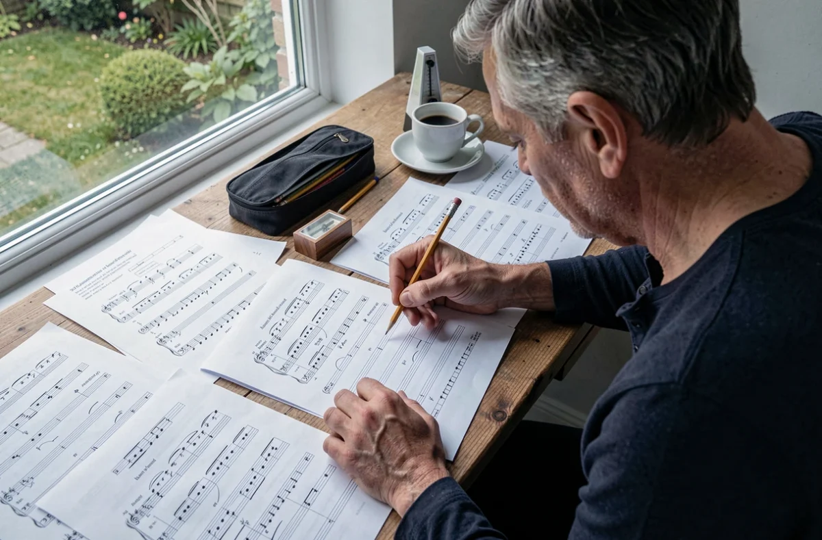 Homme étudiant une partition piano imprimée de Let It Be en PDF sur un bureau en bois avec un crayon et un métronome