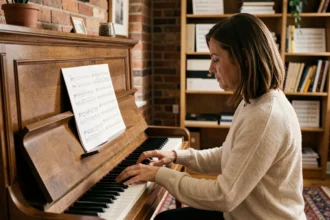 Femme pianiste jouant Let It Be sur un piano droit à partir d'une partition imprimée en PDF, dans un salon chaleureux