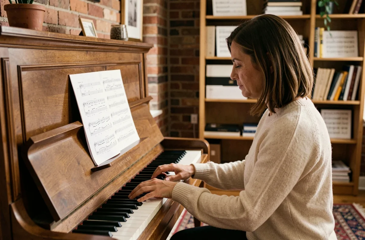 Femme pianiste jouant Let It Be sur un piano droit à partir d'une partition imprimée en PDF, dans un salon chaleureux
