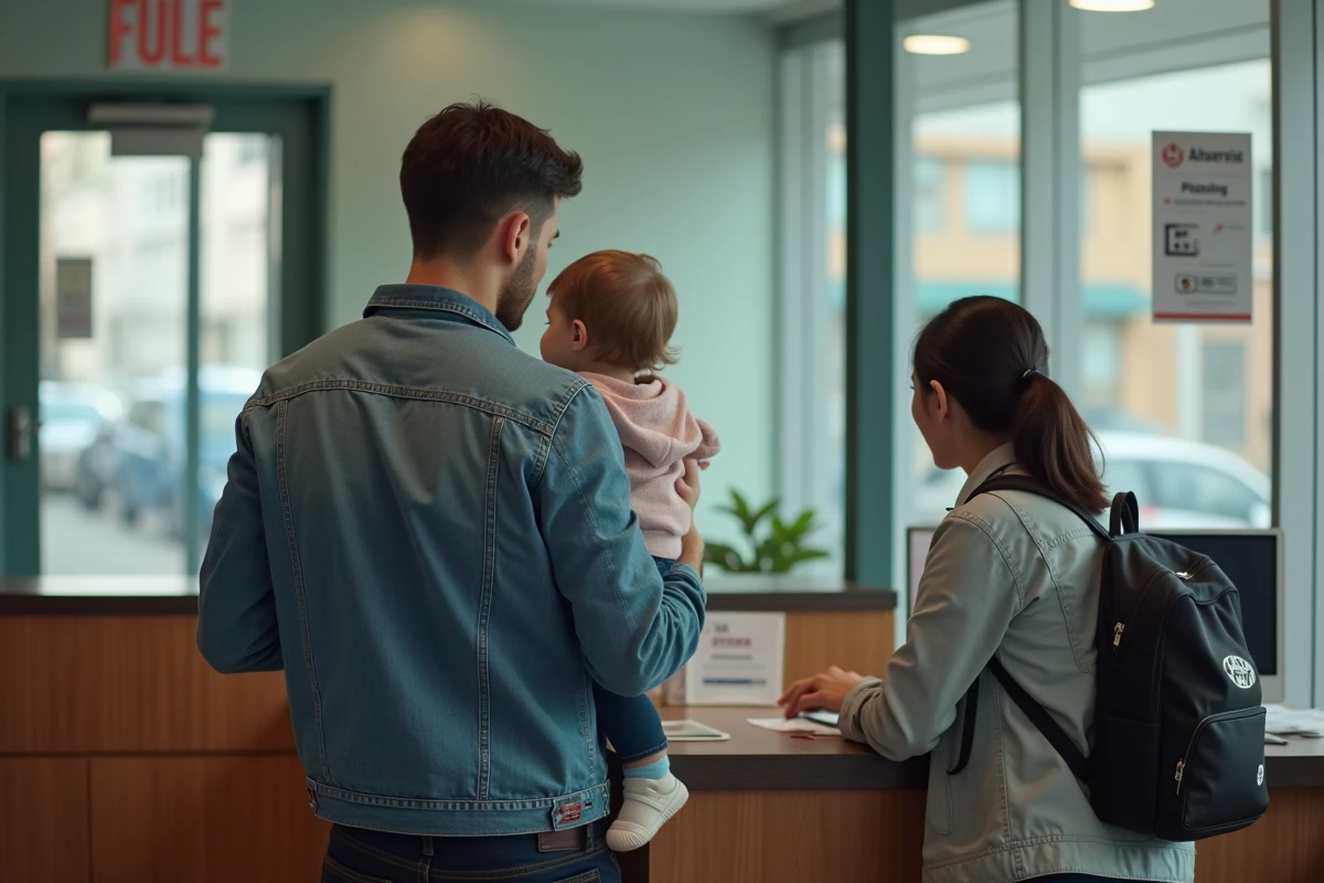 Jeune père avec son enfant parlant à une réceptionniste