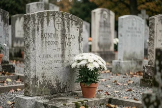 Pierre tombale en granit décorée de chrysanthèmes blancs dans un cimetière français traditionnel en automne