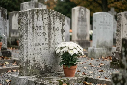 Pierre tombale en granit décorée de chrysanthèmes blancs dans un cimetière français traditionnel en automne
