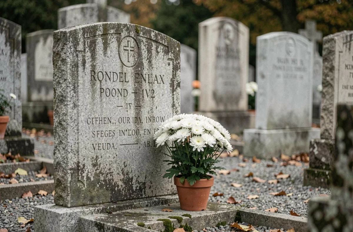 Pierre tombale en granit décorée de chrysanthèmes blancs dans un cimetière français traditionnel en automne