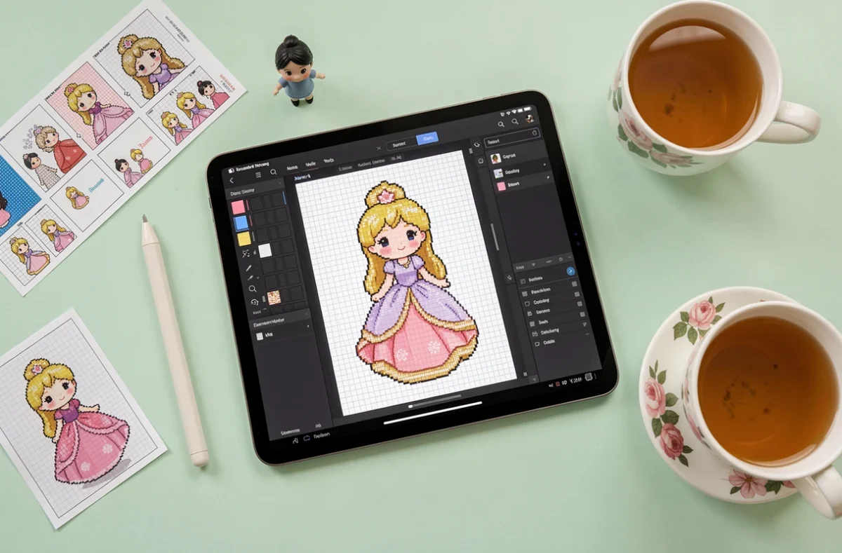 Flat-lay d'une tablette graphique affichant un dessin pixel art kawaii de princesse Disney entourée d'accessoires de création numérique