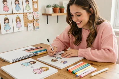 Jeune femme dessinant des personnages pixel art kawaii de princesses Disney sur du papier quadrillé dans un studio créatif coloré