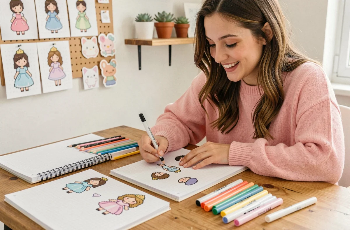 Jeune femme dessinant des personnages pixel art kawaii de princesses Disney sur du papier quadrillé dans un studio créatif coloré