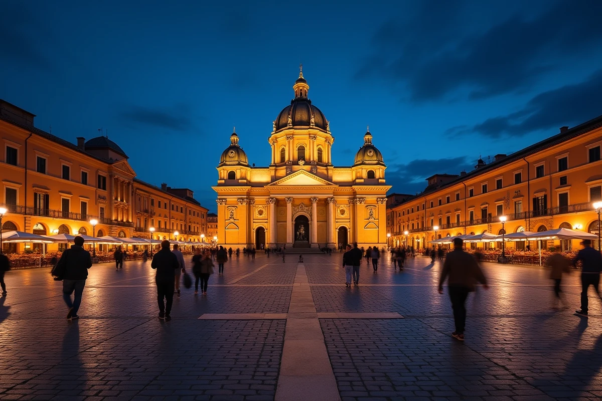 La Place du Capitole de Toulouse animée en soirée avec la croix occitane au sol et la façade néoclassique du Capitole sous un ciel indigo