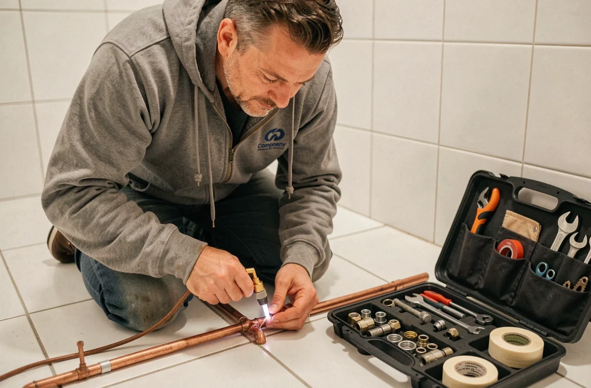Technicien de Plomberie Dazin en train de souder un joint de tuyau en cuivre dans une salle de bain