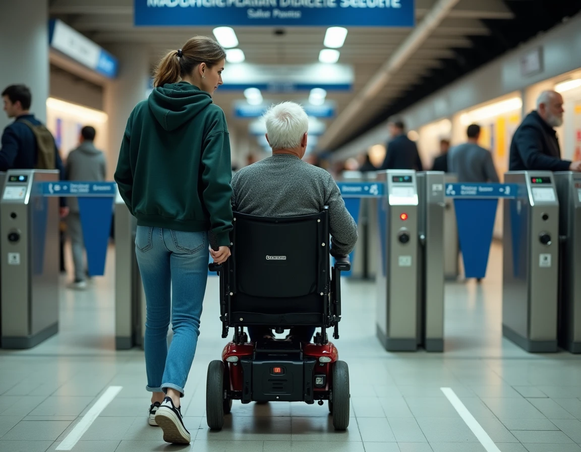 Personne poussant un fauteuil roulant motorisé à travers les portiques accessibles PMR d'une gare RER