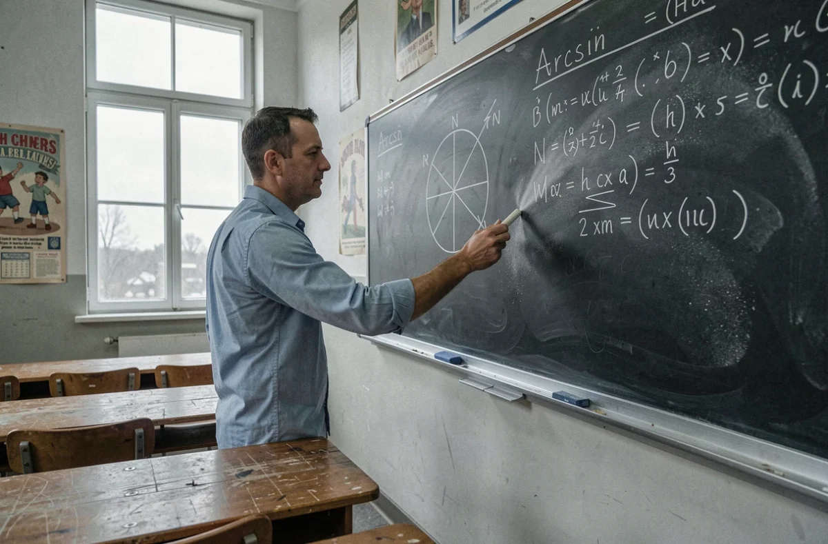 Professeur de mathématiques écrivant les formules arcsin au tableau noir dans une salle de classe
