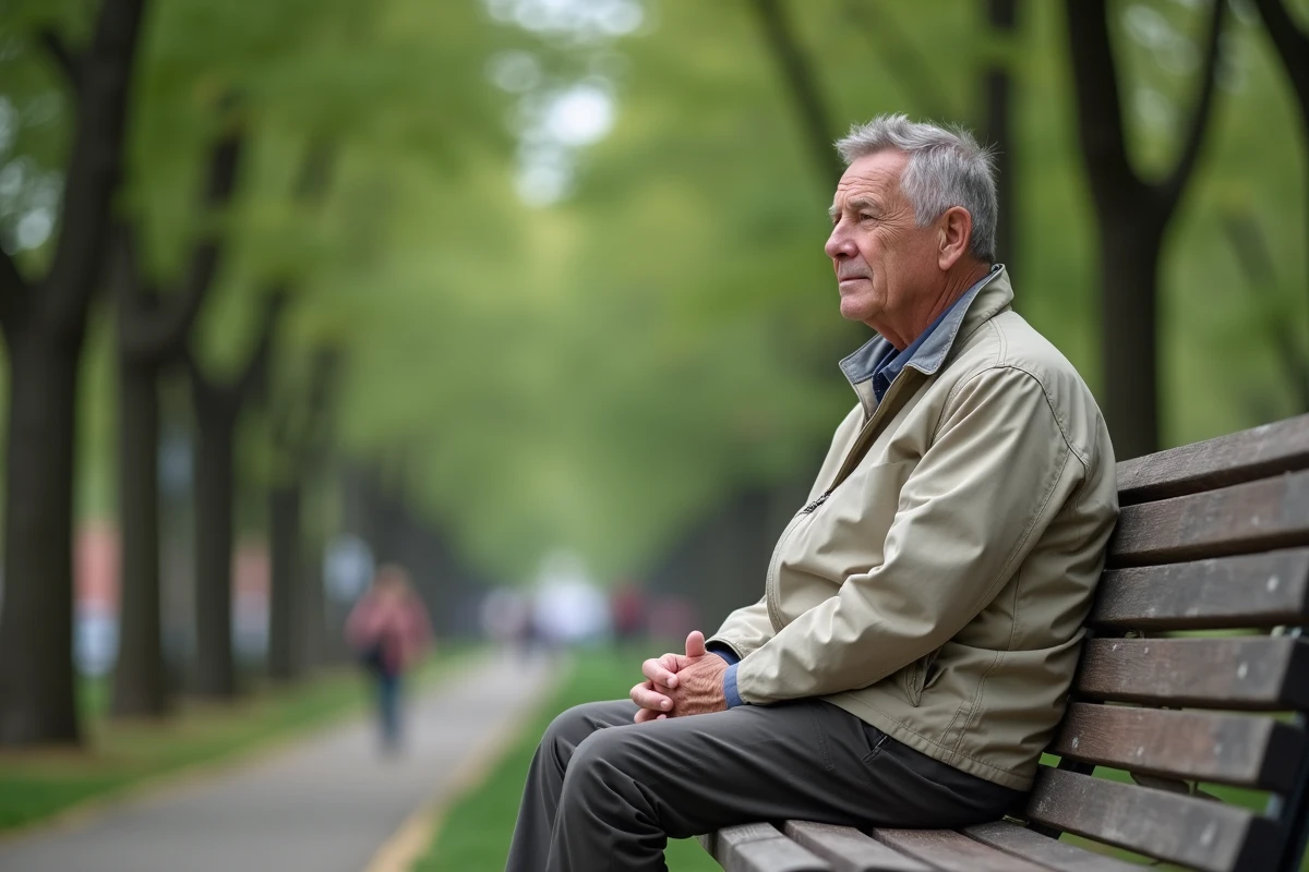 Homme assis sur un banc dans un parc urbain paisible