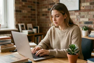 Jeune femme concentrée devant son ordinateur portable dans un bureau à domicile, cherchant des informations en ligne