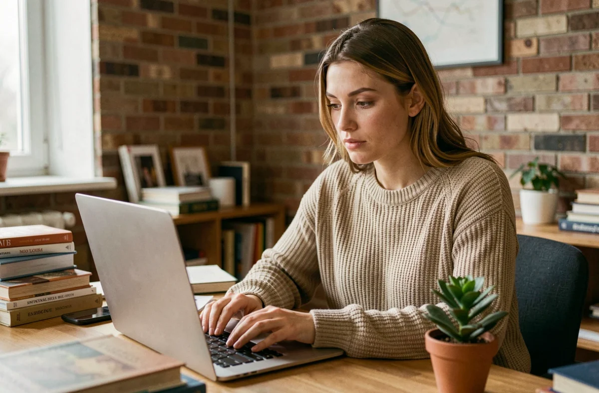 Jeune femme concentrée devant son ordinateur portable dans un bureau à domicile, cherchant des informations en ligne
