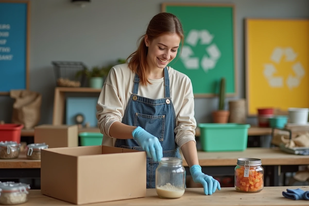 Jeune femme arrangeant des contenants recyclés dans un atelier lumineux