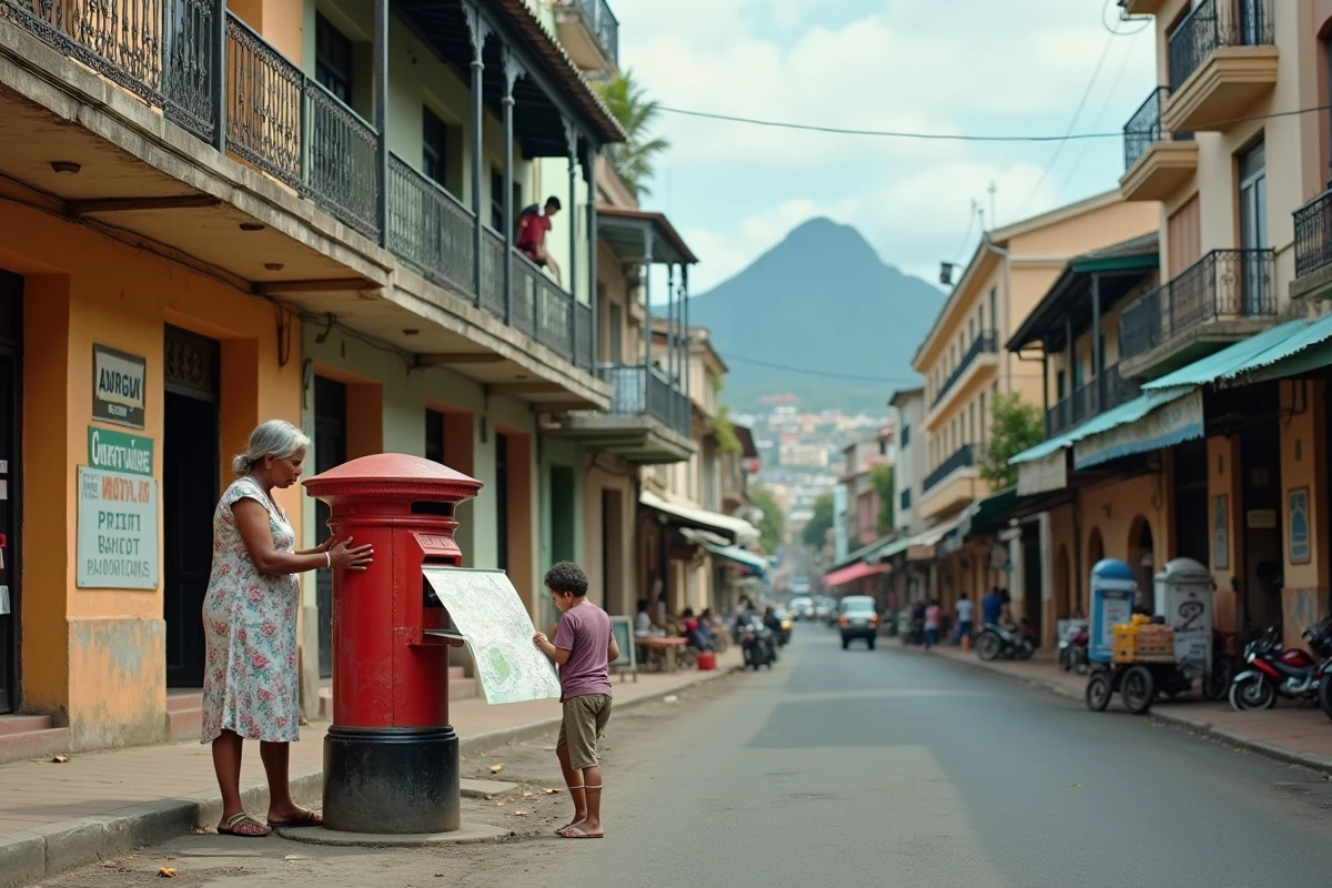 Vue de rue coloniale de Port Louis avec femme consultant une carte des codes postaux de l'île Maurice
