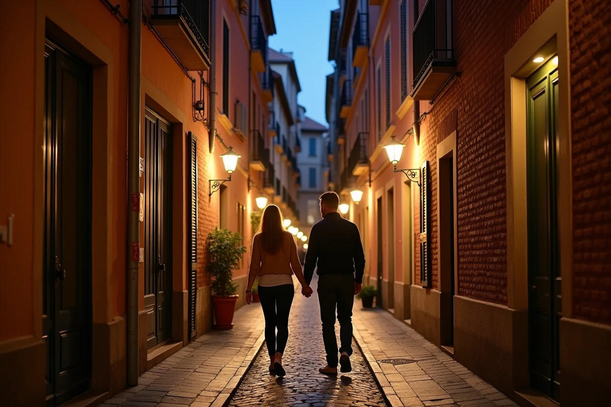 Ruelle pavée du quartier Saint-Étienne à Toulouse la nuit avec des façades en briques roses et un couple se dirigeant vers une terrasse de bistrot éclairée