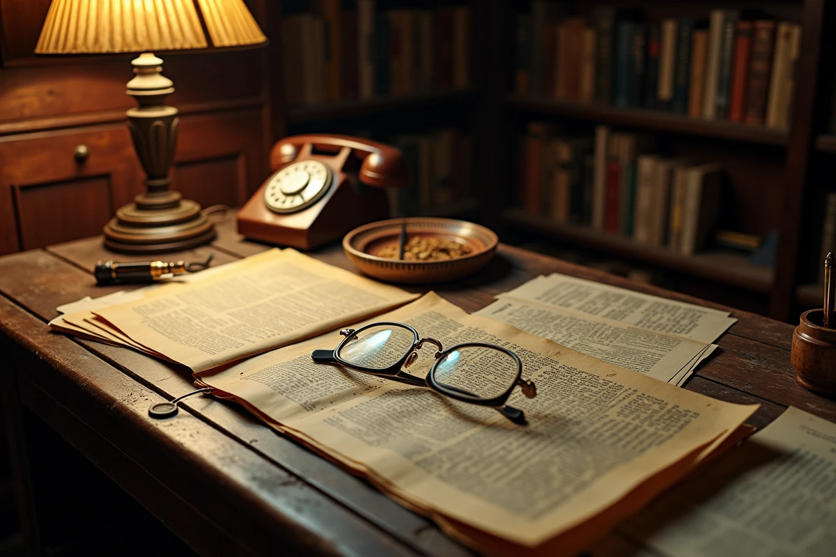 Bureau ancien couvert de documents et coupures de presse, atmosphère d'enquête, illustrant les archives de l'affaire Ruth Finley