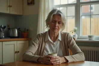 Femme seule à une table de cuisine, pensive, illustrant l'histoire vraie de Ruth Finley et le contexte du téléfilm