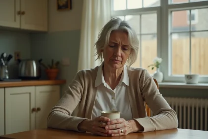 Femme seule à une table de cuisine, pensive, illustrant l'histoire vraie de Ruth Finley et le contexte du téléfilm