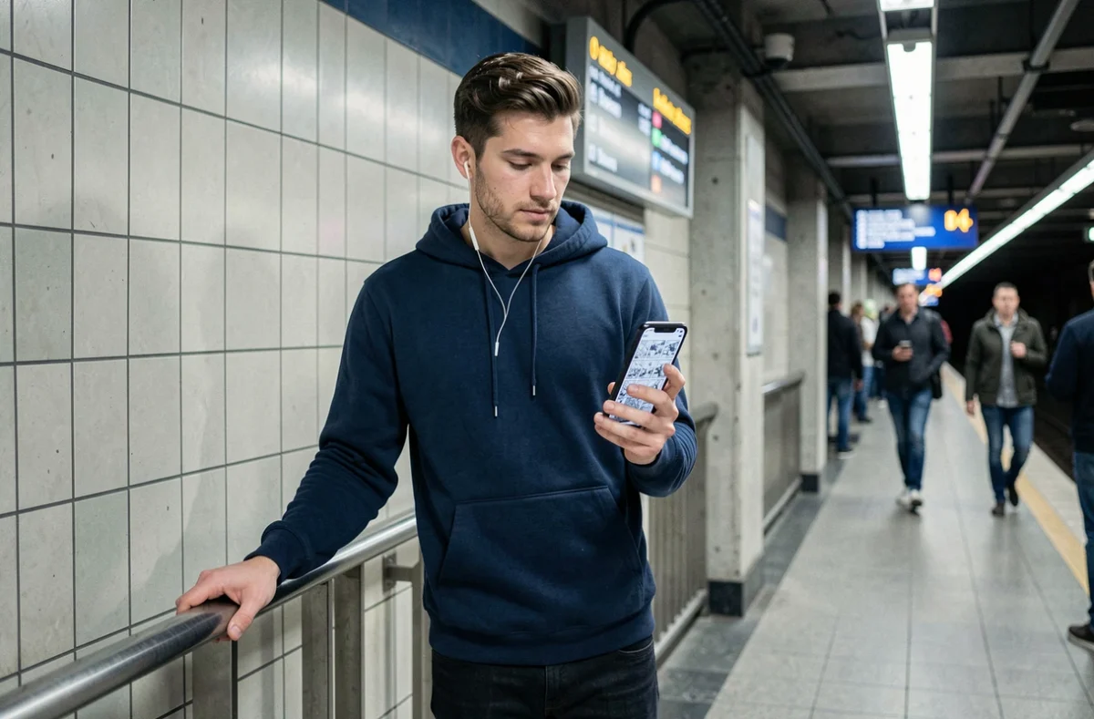 Homme lisant un scan sur smartphone sur un quai de métro en milieu urbain