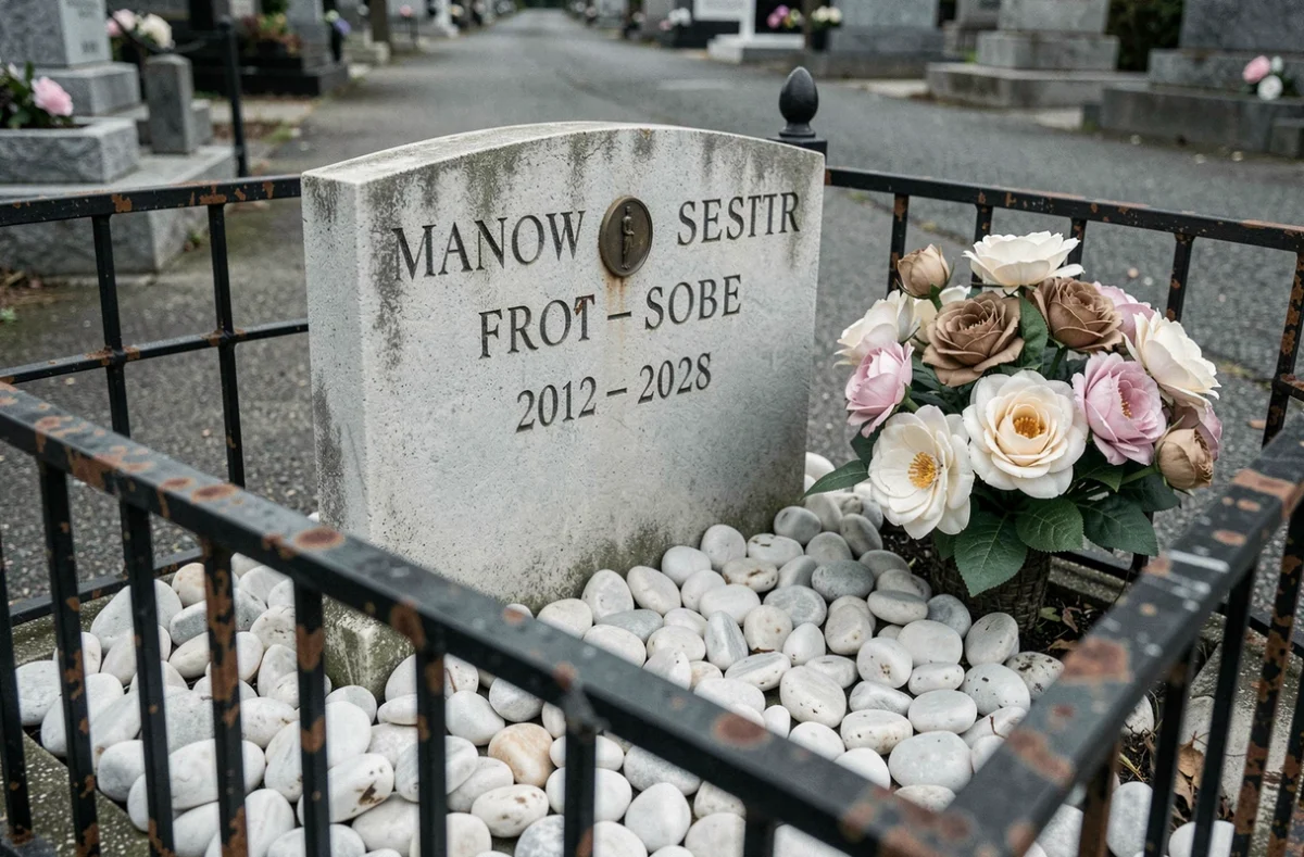 Gros plan d'une stèle en calcaire avec médaillon religieux, gravier blanc et barrière en fer forgé dans un cimetière