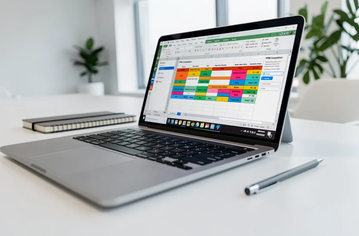 Gros plan sur un tableau Excel automatisé de conversion PPM sur un ordinateur portable dans un espace de coworking