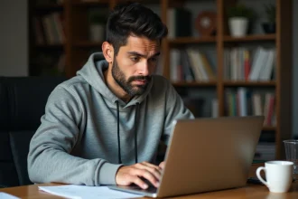 Homme consultant un site de téléchargement sur son ordinateur portable depuis son bureau à domicile