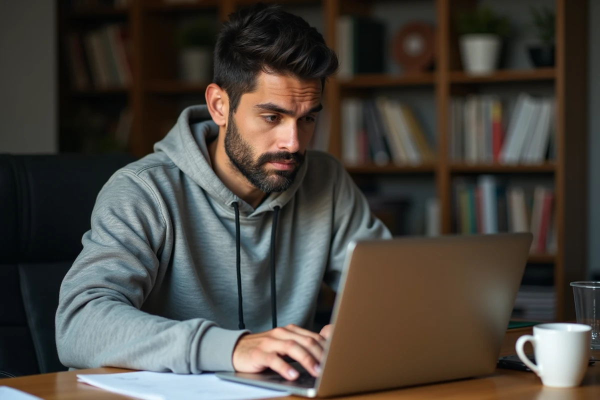 Homme consultant un site de téléchargement sur son ordinateur portable depuis son bureau à domicile