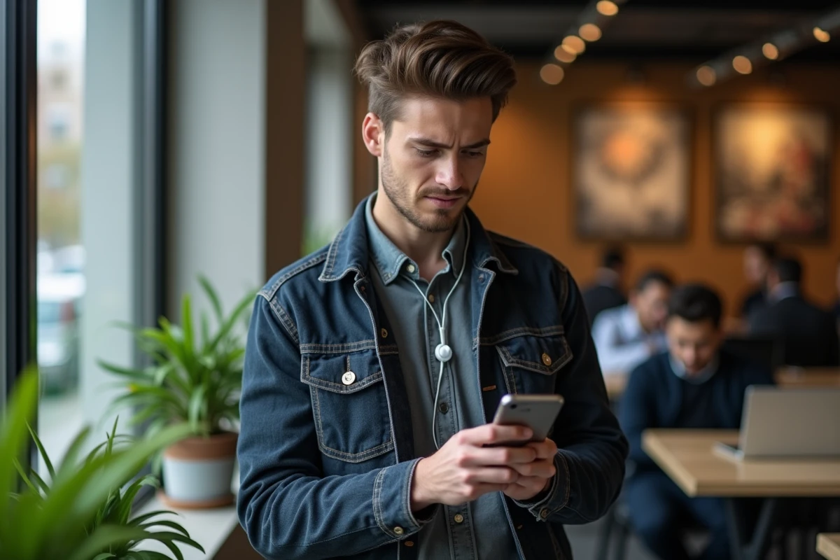 Jeune homme examinant une application de téléchargement sur smartphone dans un espace de coworking