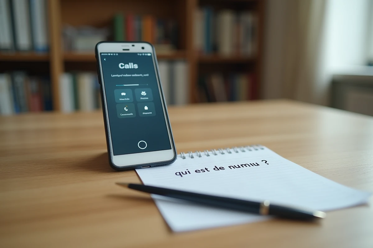 Téléphone affichant des appels manqués d'un numéro inconnu sur un bureau, avec une note manuscrite pour identifier le numéro harceleur