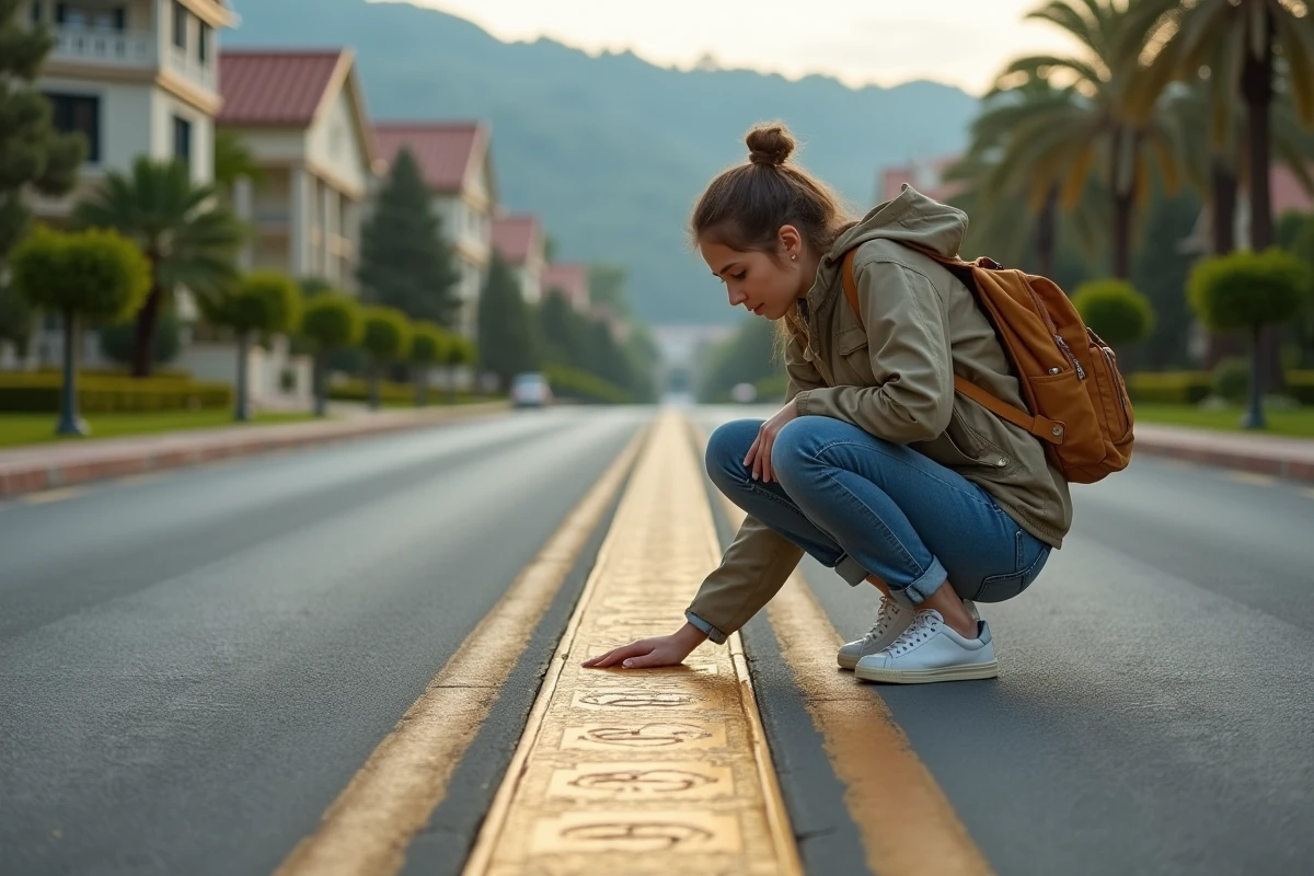 Jeune femme examine une plaque dorée sur une route luxueuse