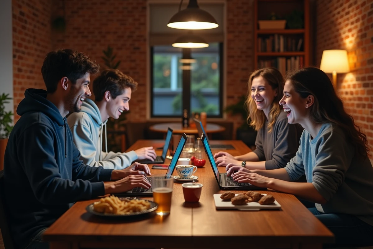 Groupe d'amis jouant ensemble à un tournoi de jeu en ligne autour d'une table avec des ordinateurs portables dans un appartement cosy
