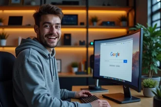 Jeune homme amusé devant un écran d'ordinateur affichant l'effet barrel roll de Google en rotation