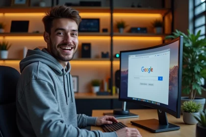 Jeune homme amusé devant un écran d'ordinateur affichant l'effet barrel roll de Google en rotation