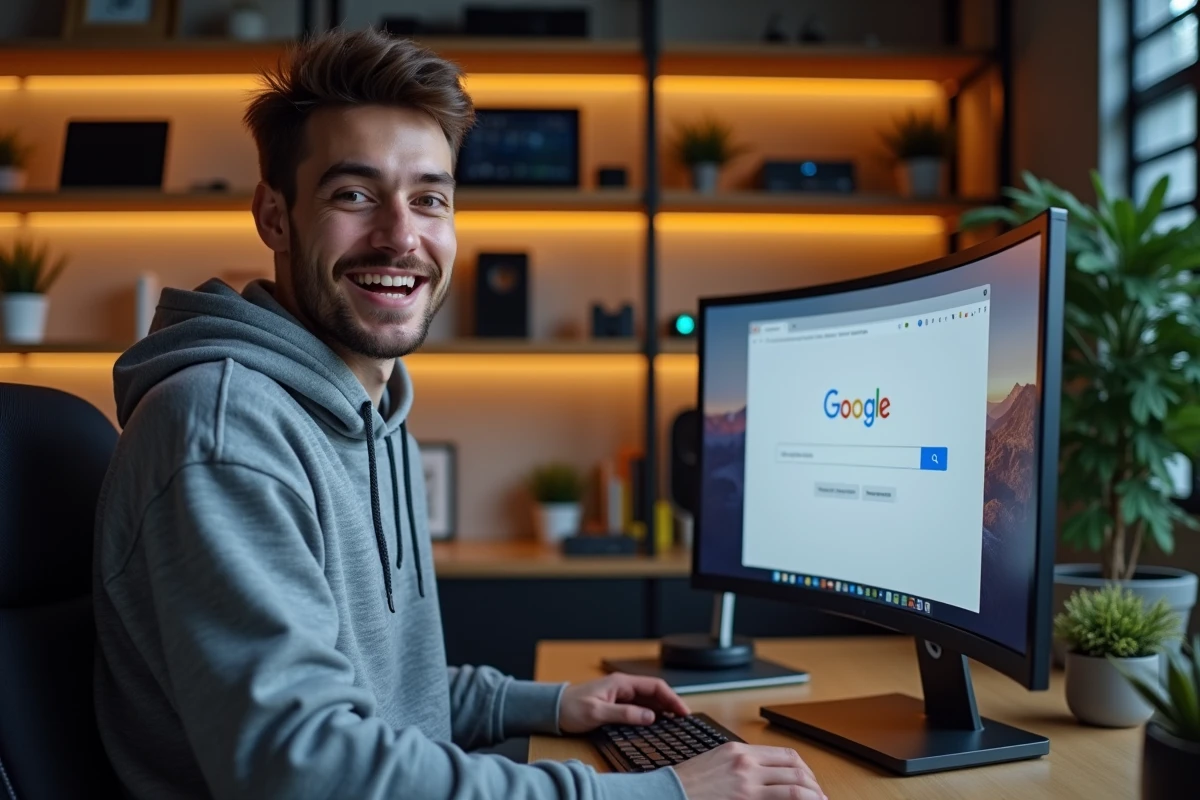 Jeune homme amusé devant un écran d'ordinateur affichant l'effet barrel roll de Google en rotation