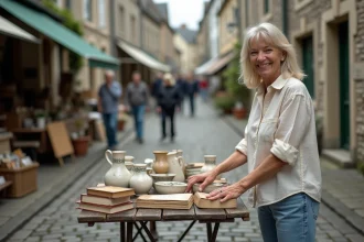 Vendeuse installant ses objets anciens sur un vide grenier en Finistère dans un village breton