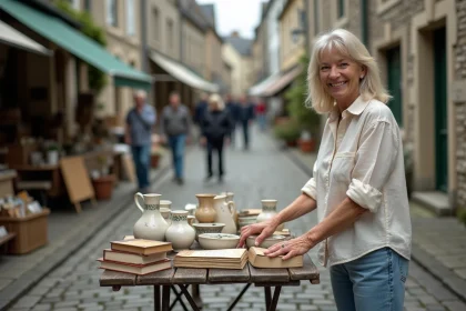 Vendeuse installant ses objets anciens sur un vide grenier en Finistère dans un village breton