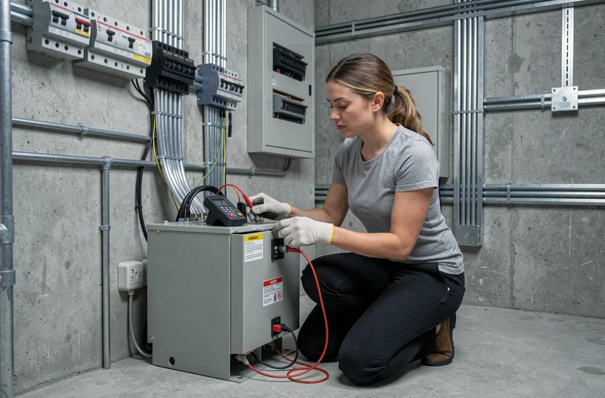 Femme technicienne vérifiant la tension de sortie d'un transformateur 380V avec un multimètre dans un local électrique