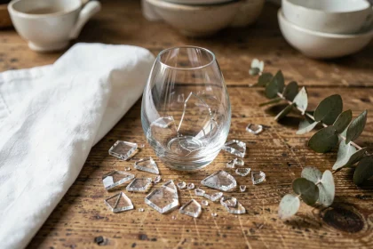 Verre à vin cassé en cristal blanc sur une table en bois rustique, fragments éparpillés sur une nappe en lin, symbolisant les rituels et traditions liés au bris de verre à table